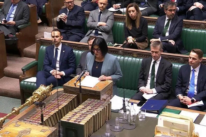 Britain's Interior Minister Shabana Mahmood making a statement on new reforms to seeking asylum at the UK Parliament.