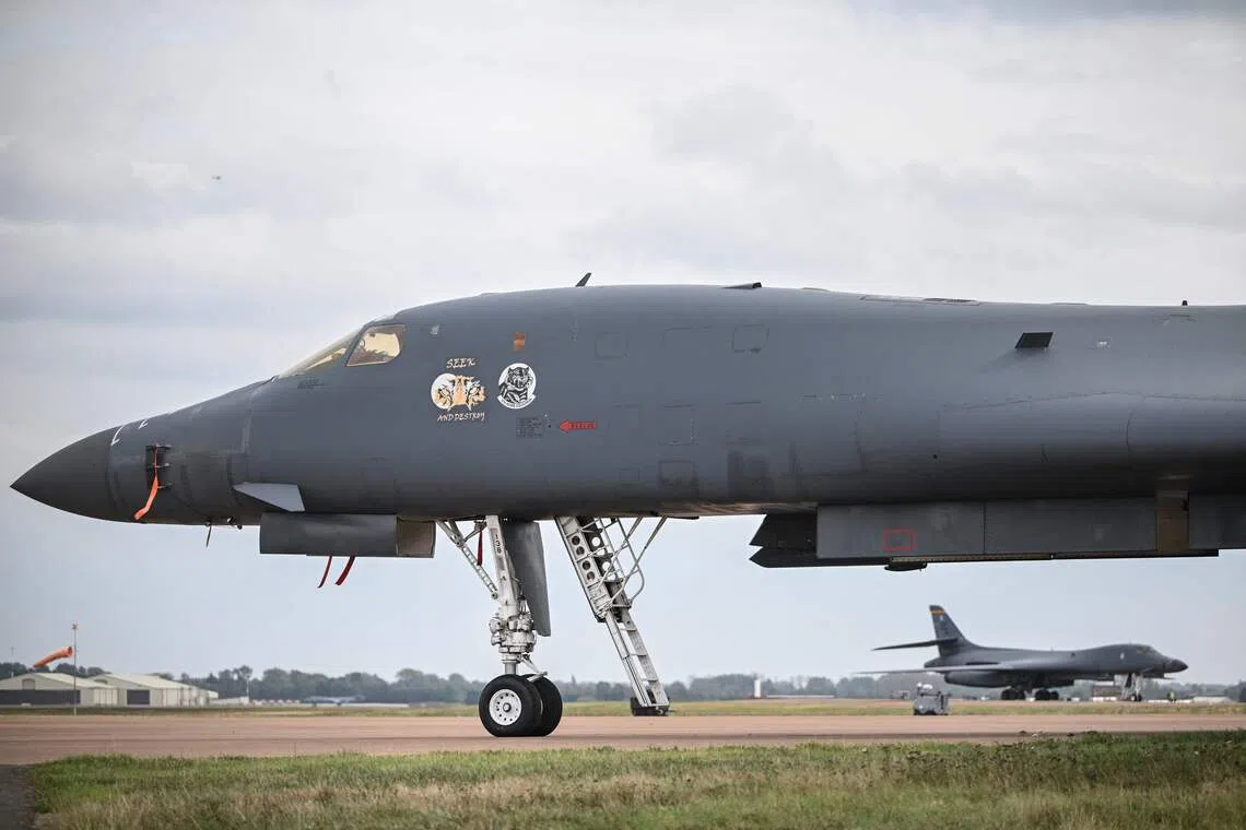 A US Air Force B-1 Lancer bomber is pictured on the tarmac at RAF Fairford base in Fairford, south-west England on Sept 27, 2026.