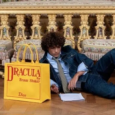 SS26 New Dior Book Tote – Dracula by Bram Stoker (left) and Elle Fanning in Coach's Explore Your Story campaign.