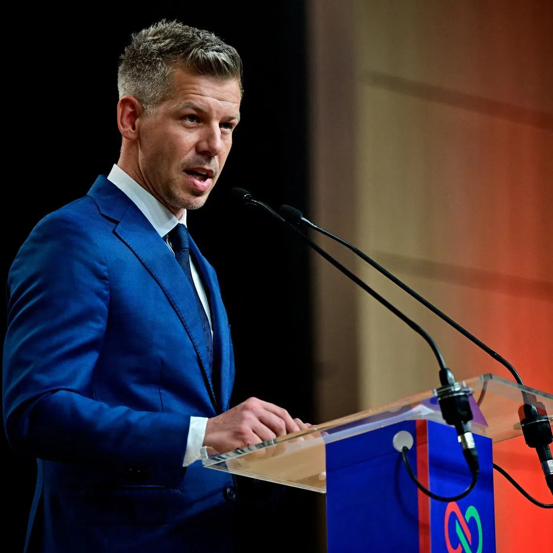 Peter Magyar, leader of the opposition Tisza Party, speaks during a press conference a day after the parliamentary election, in which Hungarian Prime Minister Viktor Orban conceded defeat, Budapest, Hungary, April 13, 2026. REUTERS/Marton Monus