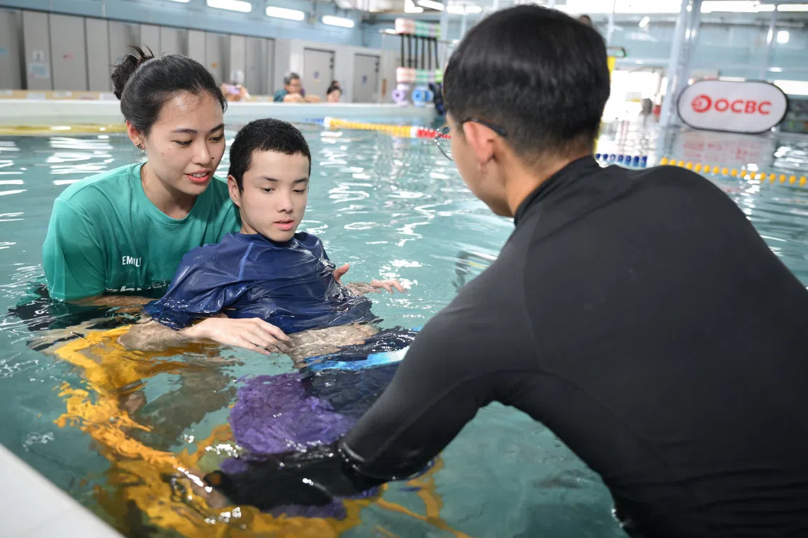 Mr Chan Tian Qiang, 17, who has cerebral palsy, at the launch of Singapore's first water safety programme for people with disabilities on Oct 4.