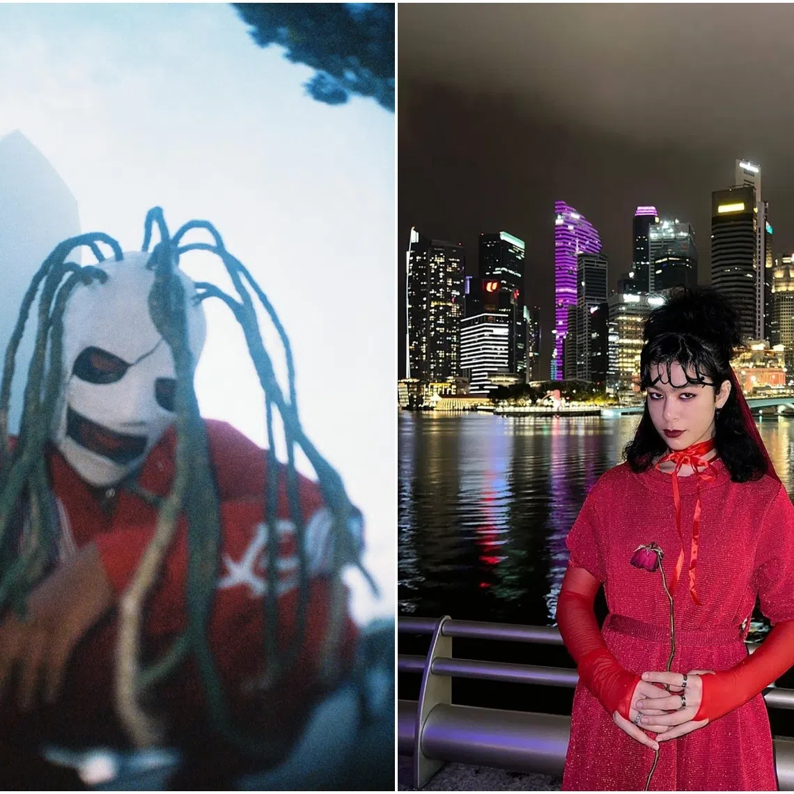 Mr Kiran Kumaran Pillay (left) dressed as Corey Taylor, the lead vocalist of the heavy metal band Slipknot. Ms Sayang Alabama Adam McCallum (right) dressed as Lydia Deetz from Beetlejuice.