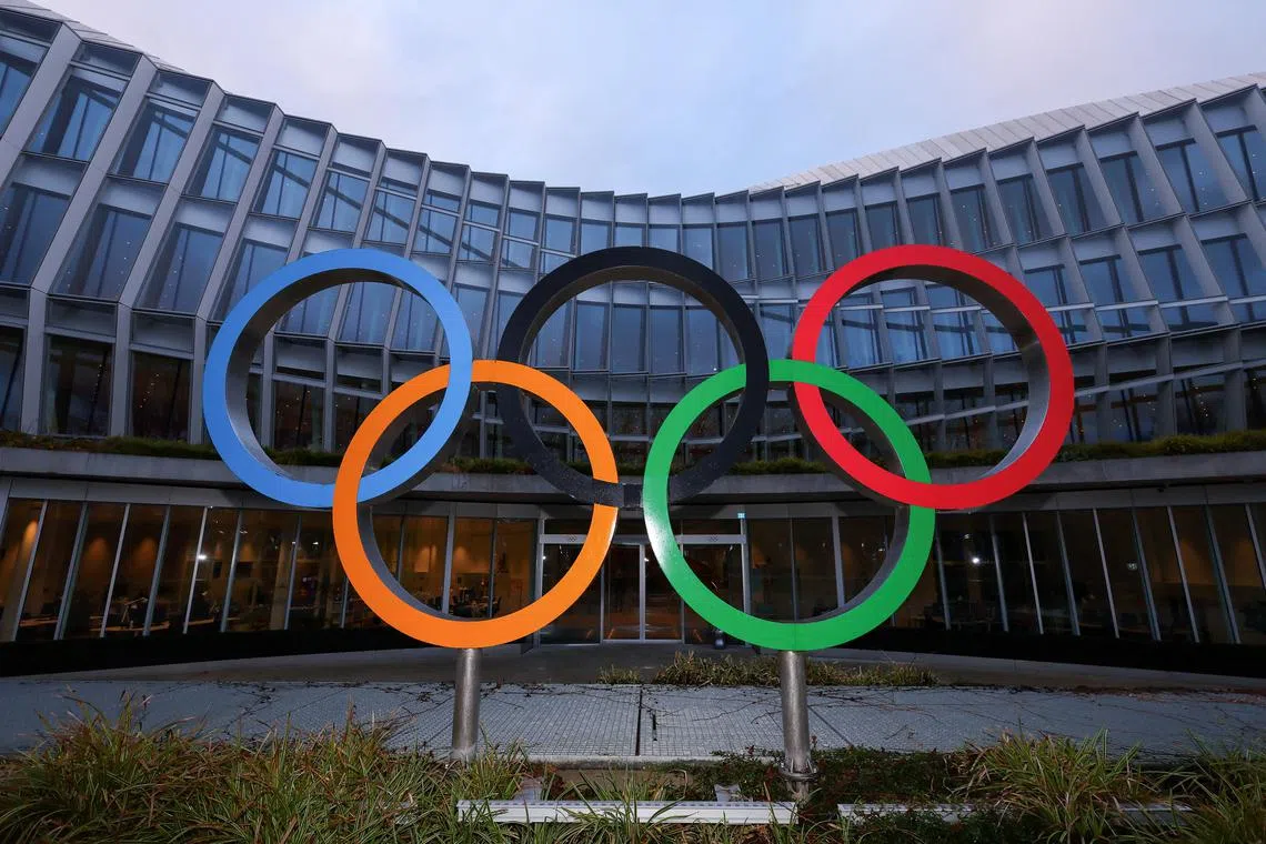 The Olympic rings symbol is displayed at the Olympic House, ahead of the Executive Board meeting of the International Olympic Committee, in Lausanne, Switzerland.