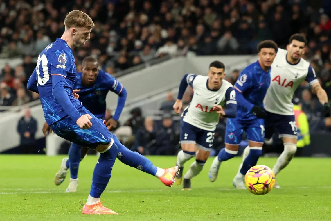 Chelsea attacker Cole Palmer scores twice from the penalty spot in the 4-3 English Premier League win over  Tottenham Hotspur on Dec 8. The England international has now been involved in 50 Premier League goals in 48 games for the Blues since signing from Manchester City – 33 goals and 17 assists.