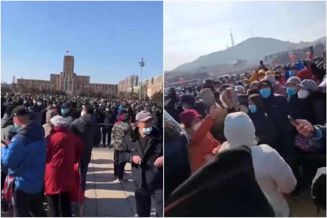Screengrabs from Twitter of elderly people protesting against significant medical benefits cuts, in Dalian, Liaoning, on Feb 15.
