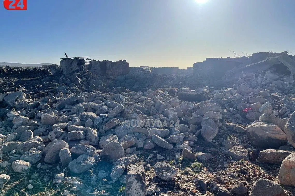 Rubble from a destroyed building lies in the aftermath of a Jordanian airstrike on what is given as Sweida, Syria, in this picture obtained from social media released January 18, 2024. Suwayda 24 via REUTERS  THIS IMAGE HAS BEEN SUPPLIED BY A THIRD PARTY. MANDATORY CREDIT. NO RESALES. NO ARCHIVES. ONSCREEN TEXT FROM SOURCE.