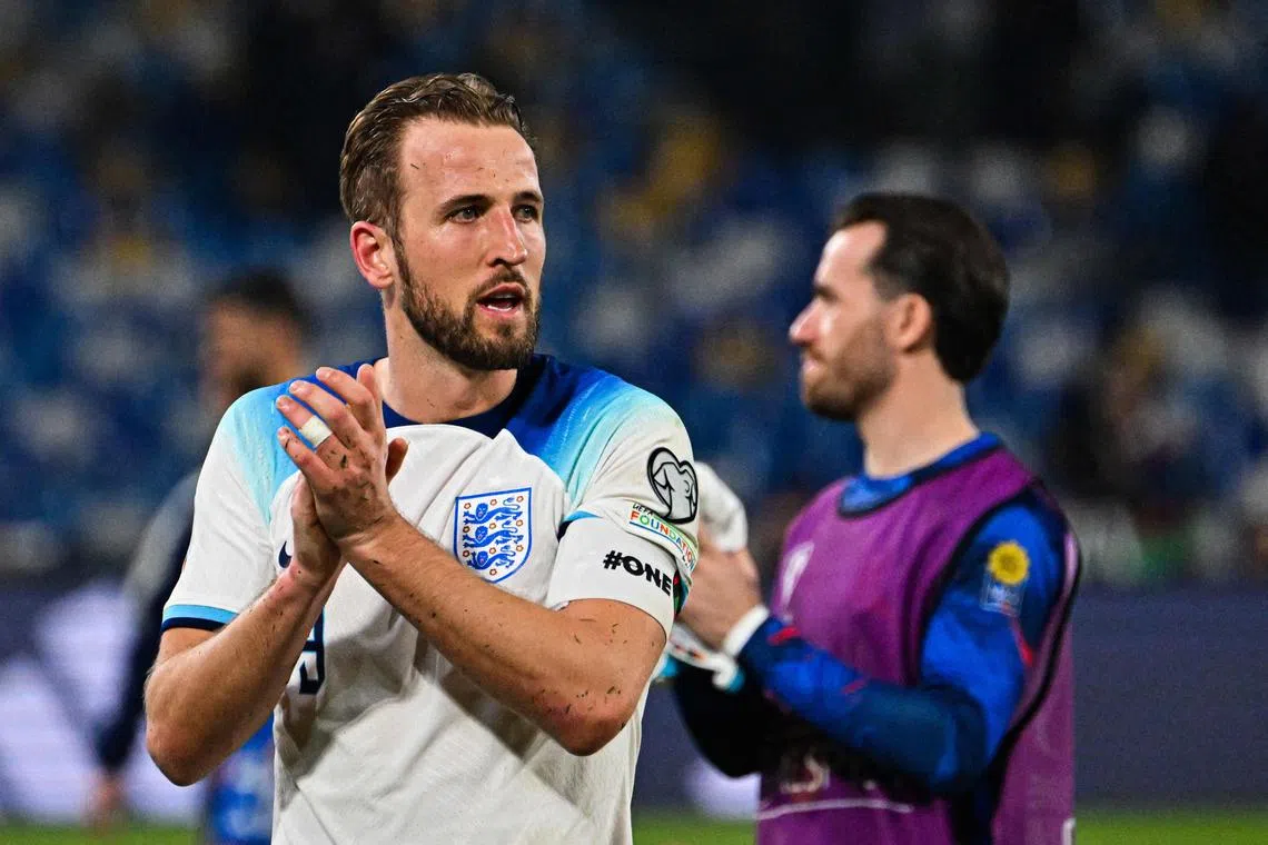 Striker Harry Kane applauds at the end of England's Euro 2024 qualifier against Italy