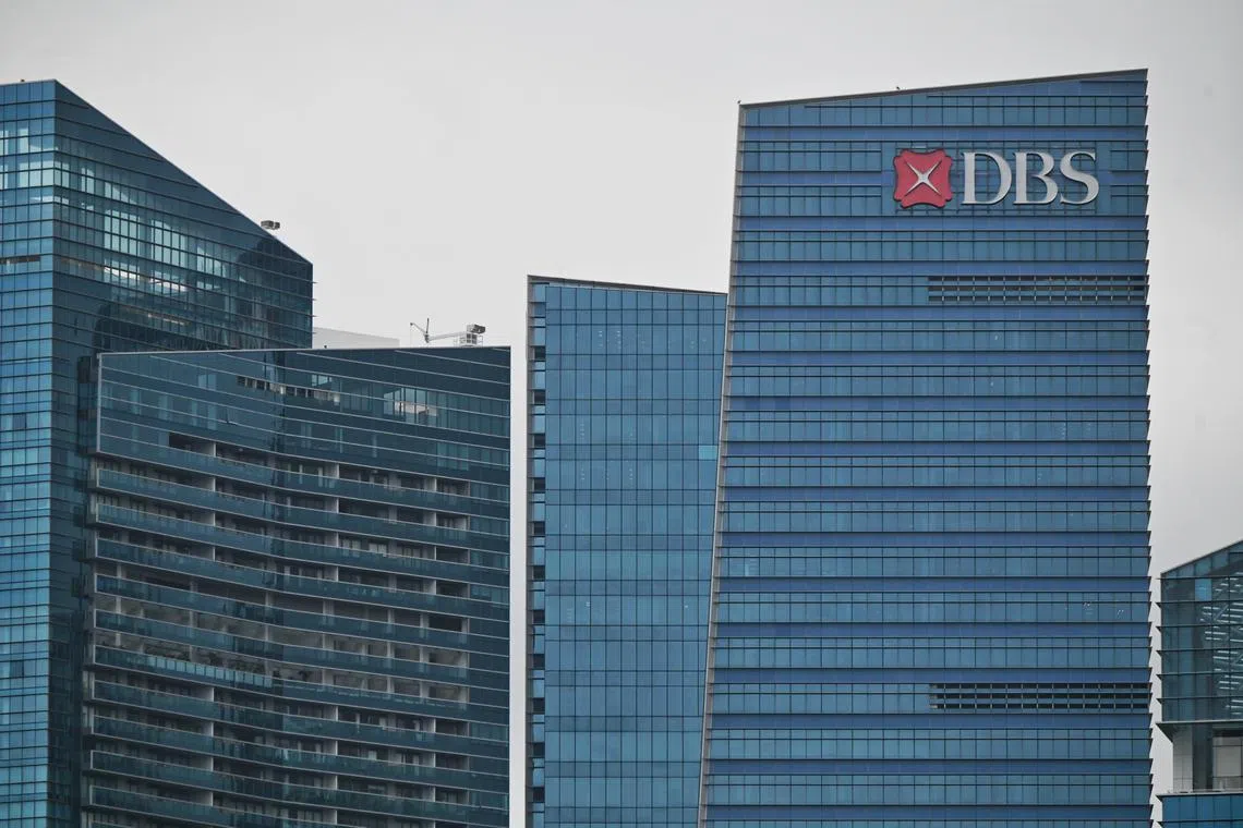 ST20220310_202210765721 Kua Chee Siong/ pixgeneric/ Generic pix of the DBS bank logo on the facade of the Marina Bay Financial Centre Tower 3 building on 10 Mar 2022.