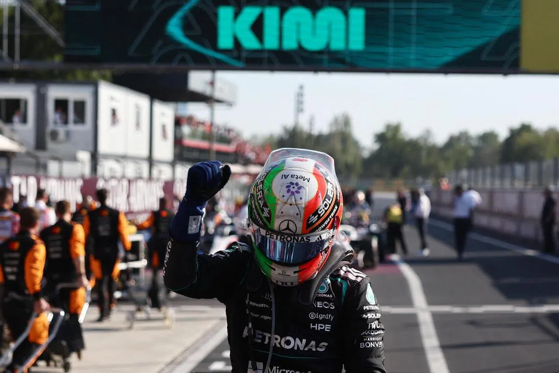 Formula One F1 - Italian Grand Prix - Autodromo Nazionale Monza, Monza, Italy - September 6, 2026
Mercedes' Andrea Kimi Antonelli celebrates after winning the race, becoming the first Italian driver to win the Grand Prix in 60 years. REUTERS/Jakub Porzycki