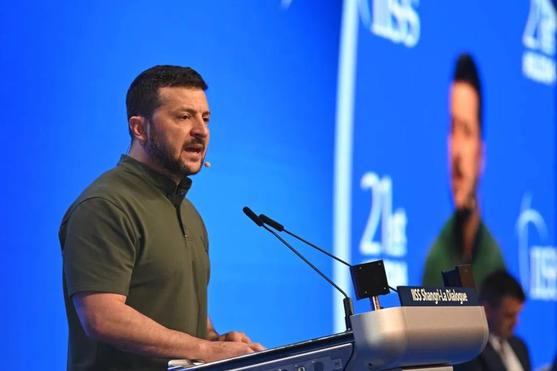 Ukrainian President Volodymyr Zelensky spoke during the Shangri-La Dialogue on June 2 to seek international support for an upcoming peace summit, to be held in Switzerland.