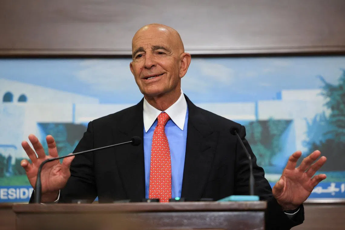 U.S. Ambassador to Turkey and U.S. special envoy for Syria Thomas Barrack speaks after meeting with Lebanese President Joseph Aoun (not pictured) at the presidential palace in Baabda, Lebanon August 26, 2025. REUTERS/Mohamed Azakir