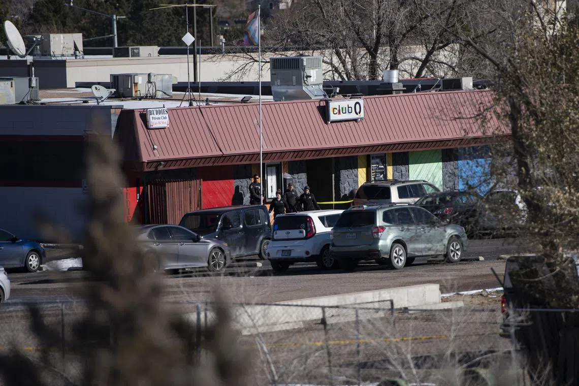 Outside Club Q in Colorado Springs on Nov 20. At least five people were killed and at least 18 were injured late Saturday in a shooting at the LGBTQ nightclub.