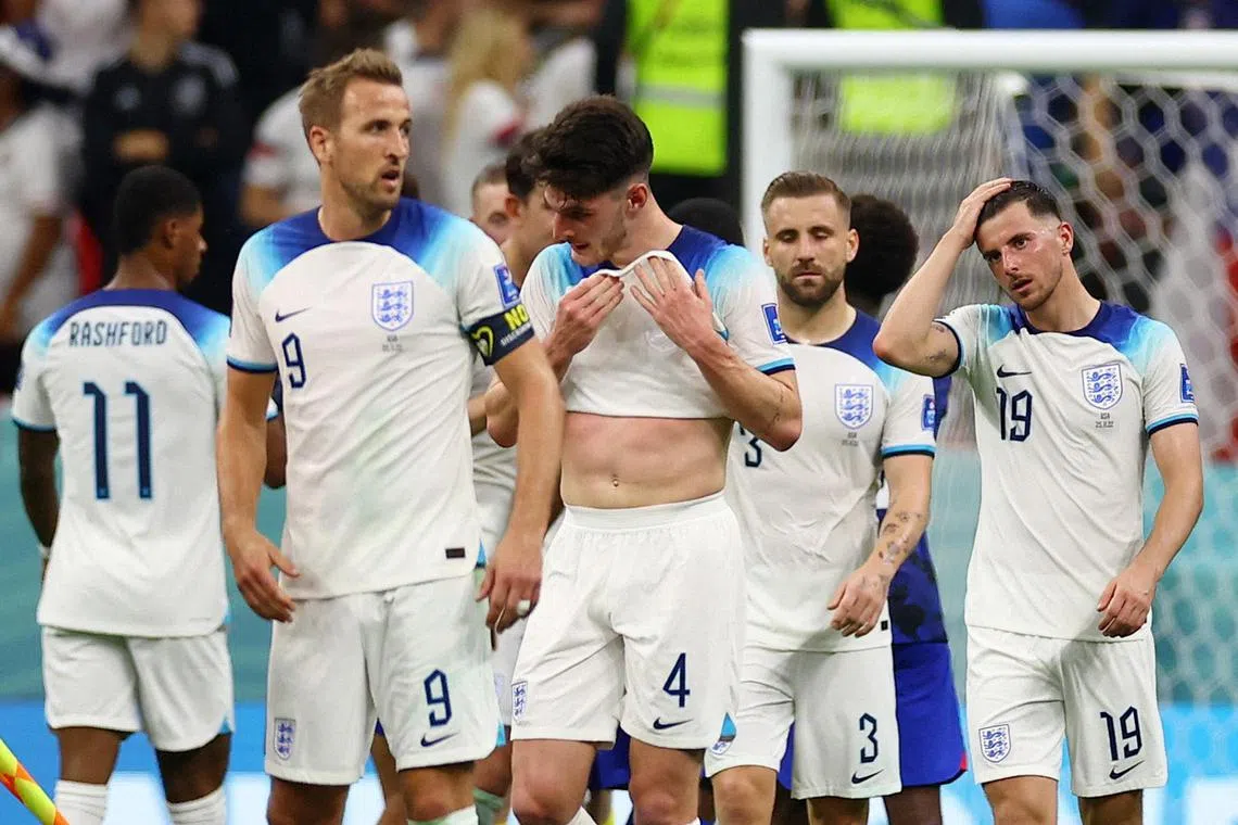 England's Mason Mount, Declan Rice, Luke Shaw and Harry Kane react after the match.