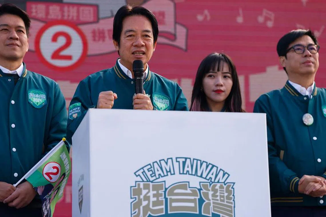 Lai Ching-te, Taiwan's vice president and the ruling Democratic Progressive Party's (DPP) presidential candidate makes a speech on stage during an election campaign event in Kaohsiung, Taiwan December 22, 2023. REUTERS/Ann Wang