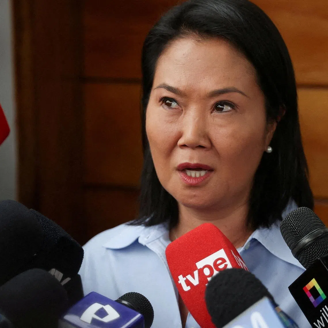 FILE PHOTO: Conservative presidential candidate Keiko Fujimori addresses the media as the presidential count enters a third day as left-wing candidate Roberto Sanchez has taken a slim lead against Fujimori, in Lima, Peru, June 9, 2026. REUTERS/Alessandro Cinque/File Photo