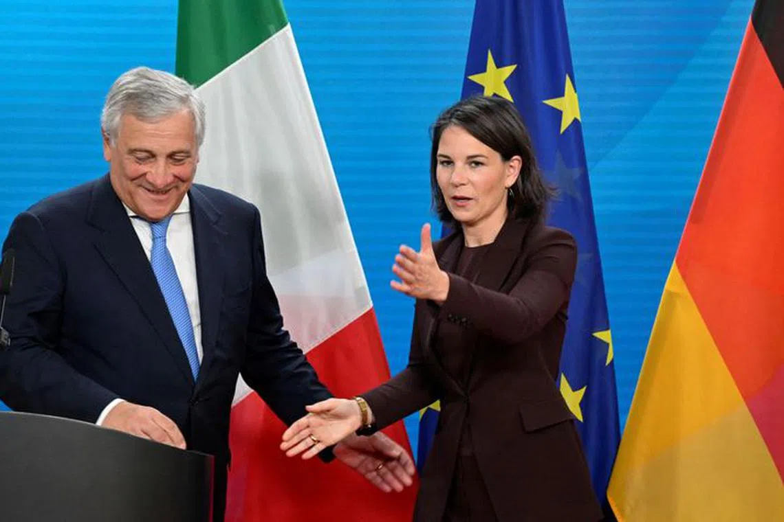 German Foreign Minister Annalena Baerbock and her Italian counterpart Antonio Tajani conclude a press conference at the Foreign Office in Berlin, Germany September 28, 2023. Tobias Schwarz/Pool via REUTERS