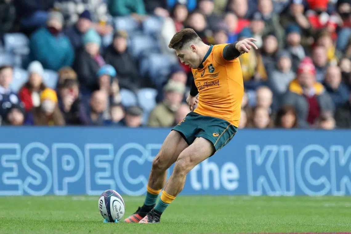 FILE PHOTO: Rugby Union - Autumn International - Scotland v Australia - BT Murrayfield Stadium, Edinburgh, Britain - November 7, 2021 Australia's James O’Connor scores a penalty goal REUTERS/Russell Cheyne/File Photo