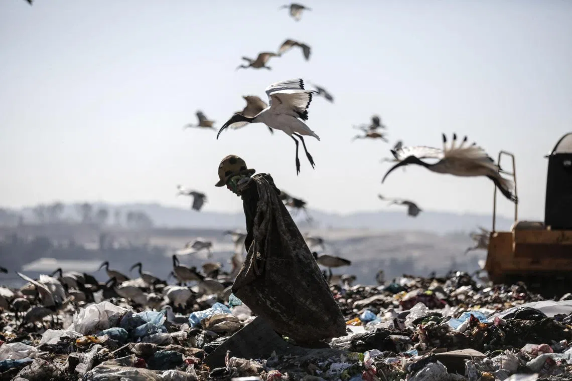 (FILES) A reclaimer wades through the waste at Robinson Deep landfill, Johannesburg's largest landfill on June 29, 2018. The world generated 2.3 billion tonnes of municipal waste in 2023 and the pile of trash is set to grow another two-thirds by 2050, the UN said on February 28, 2024, warning of devastating costs for health, economies and the environment. (Photo by GULSHAN KHAN / AFP)