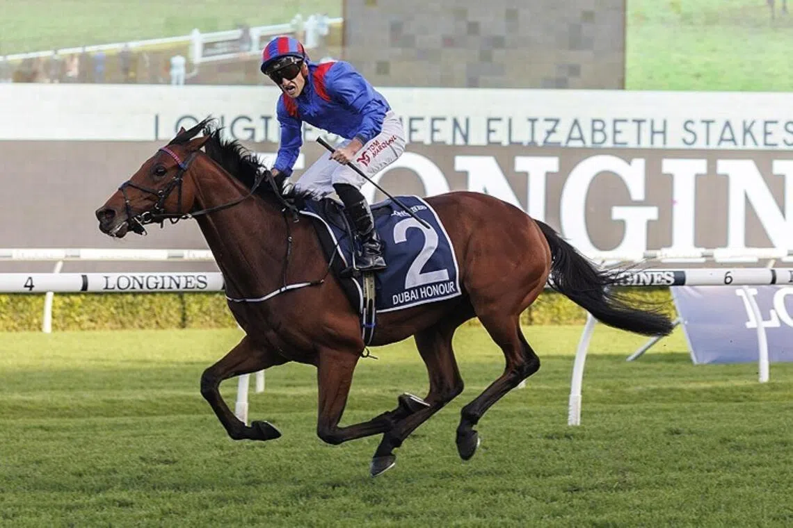 A jubilant Tom Marquand guiding Dubai Honour to a stellar win in the Group 1 Queen Elizabeth Stakes (2,000m) at Randwick, 8 April 2023.
