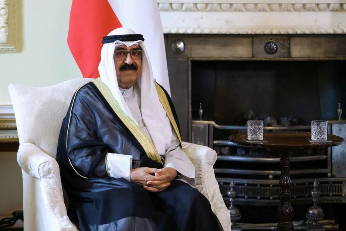 FILE PHOTO: Kuwait's Crown Prince, Sheikh Meshal Al-Ahmad Al-Jaber Al-Sabah meets Britain's Prime Minister Rishi Sunak (not pictured) at 10 Downing Street, in London, Britain, August 29, 2023. REUTERS/Hollie Adams/Pool/File Photo