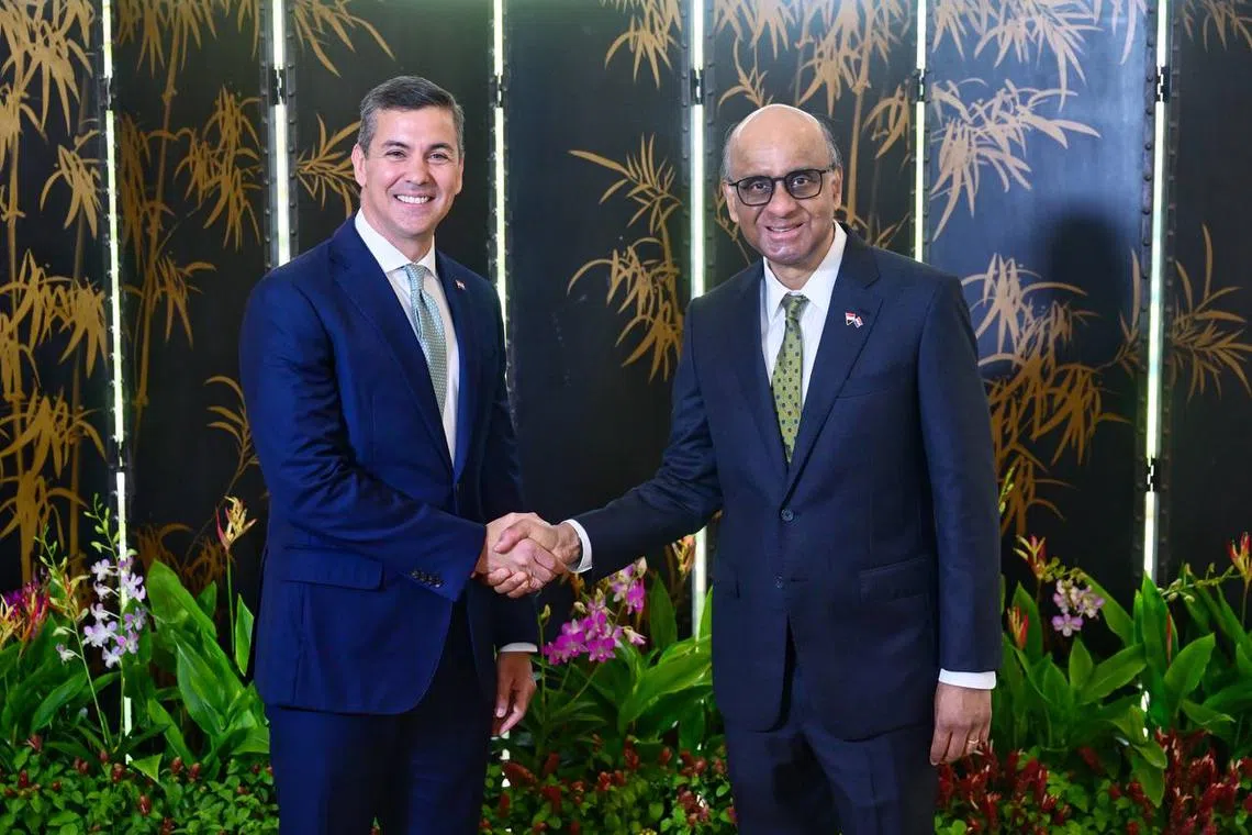 Paraguayan President Santiago Pena (left) is received by President Tharman Shanmugaratnam during his state visit on May 23.