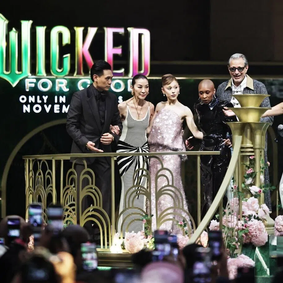 (From left) Wicked: For Good director Jon M. Chu and cast members Michelle Yeoh, Ariana Grande, Cynthia Erivo and Jeff Goldblum at a fan meet at Resorts World Sentosa's Weave mall on Nov 13.