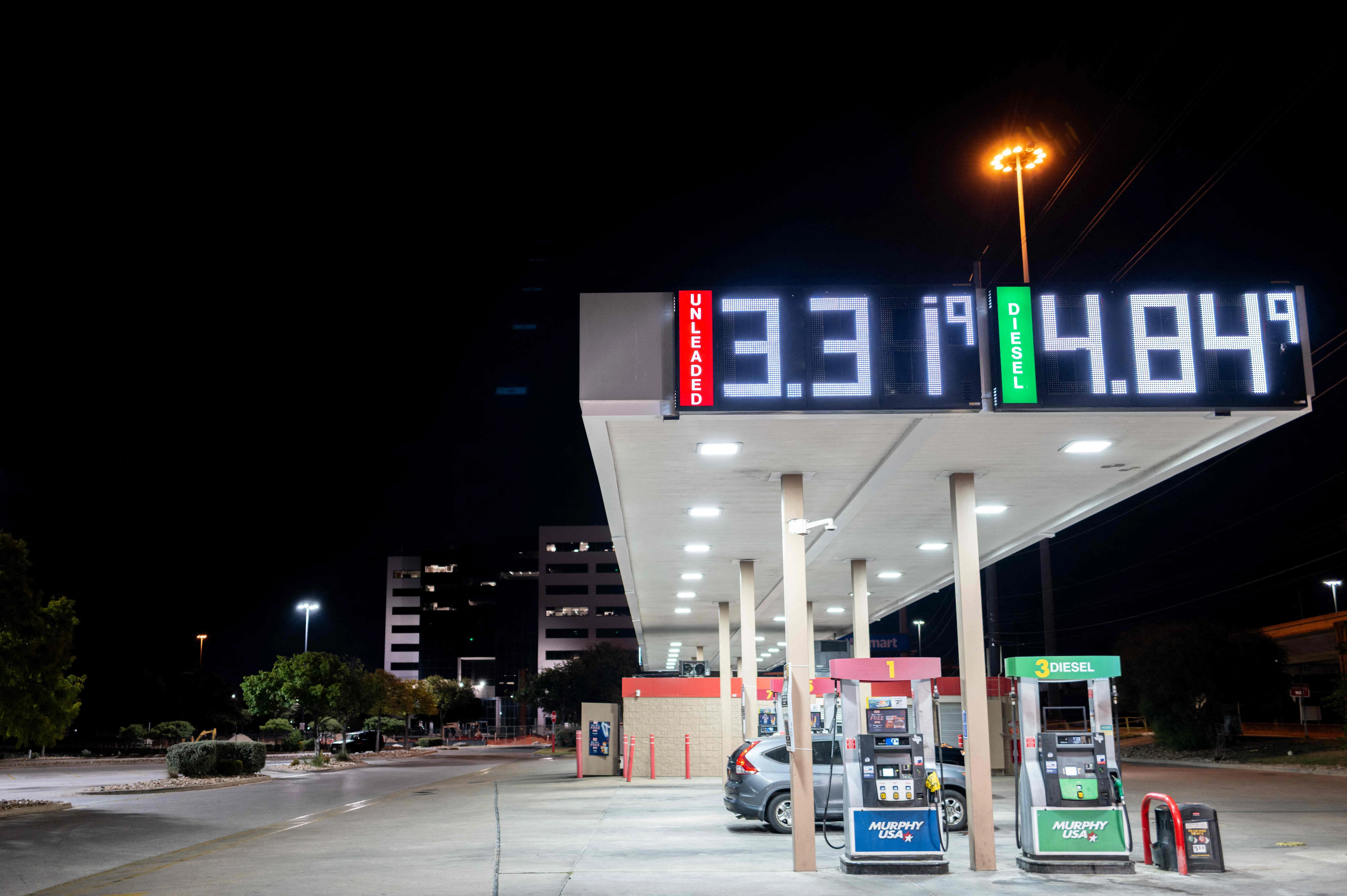 Gas prices are displayed at a Murphy USA gas station on Aug 8, in Austin, Texas. Rising gas prices have undercut Trump’s 2024 campaign promise to lower costs for Americans.
