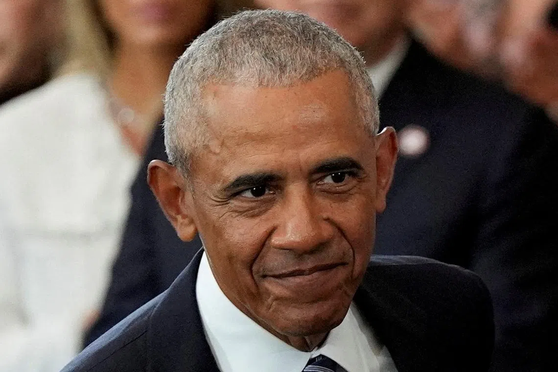 FILE PHOTO: Former U.S. President Barack Obama attends the 60th Presidential Inauguration in the Rotunda of the U.S. Capitol in Washington, Monday, Jan. 20, 2025. Julia Demaree Nikhinson/Pool via REUTERS/File Photo