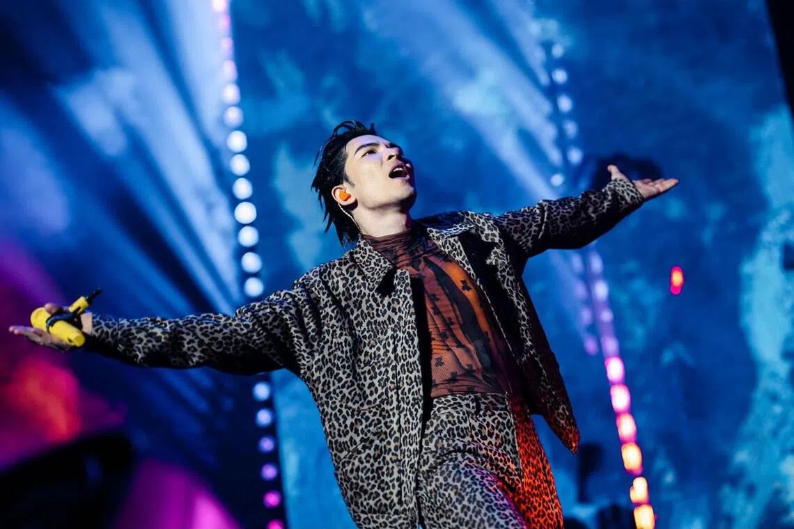 Taiwanese singer Jam Hsiao in a leopard-print get-up at his concert at the Singapore Indoor Stadium on Oct 25. 
