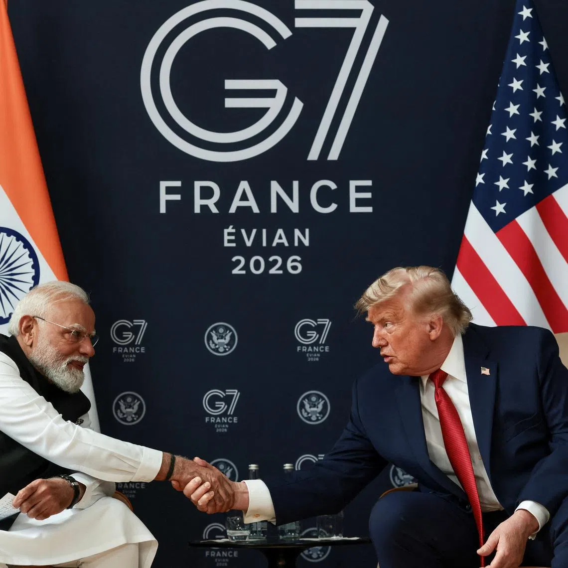 U.S. President Donald Trump attends a bilateral meeting with Indian Prime Minister Narendra Modi during the G7 Summit in Evian-les-Bains, France, June 17, 2026. REUTERS/Evelyn Hockstein