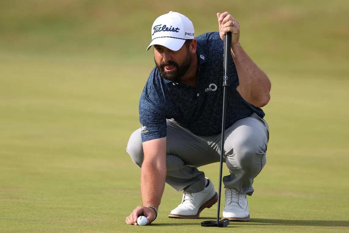 Jul 16, 2026; Southport, ENG; Matthew Baldwin lines up a putt on the eighth green during the first round of The Open Championship golf tournament at Royal Birkdale. Mandatory Credit: Bill Streicher-Imagn Images