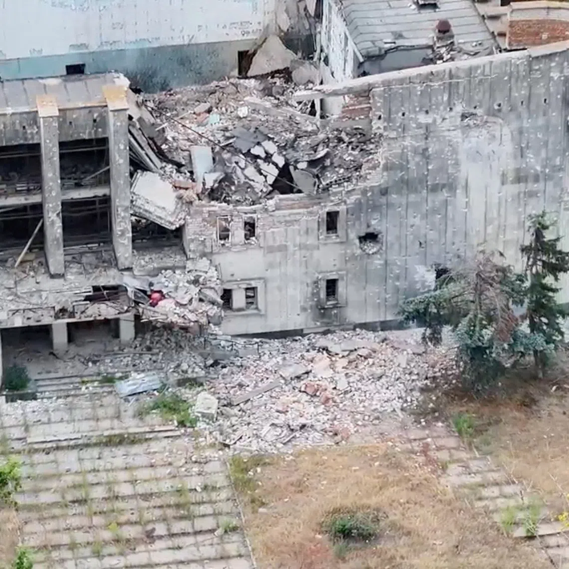 FILE PHOTO: A still image taken from an undated drone video released September 12, 2026, shows a destroyed building in Oleshky, Kherson Region, Russian-controlled Ukraine. 34th Separate Marine Brigade \"Borysfen\"/Handout via REUTERS/File Photo