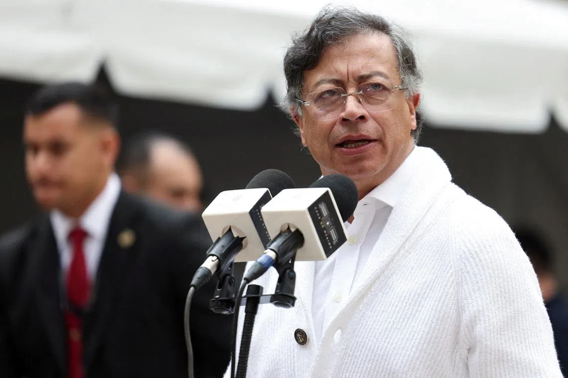 FILE PHOTO: Colombian President Gustavo Petro speaks during a press conference after casting his vote in congressional elections and party primaries for presidential candidate, in Bogota, Colombia March 8, 2026. REUTERS/Luisa Gonzalez/File Photo