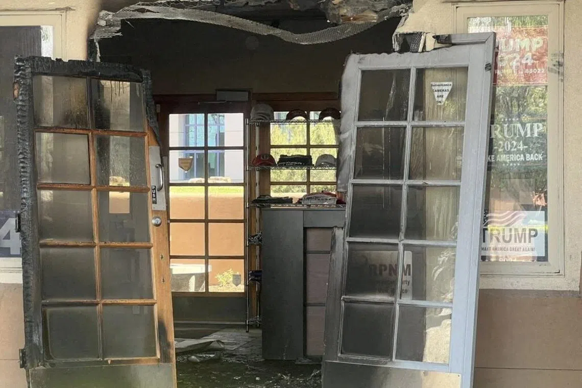 FILE PHOTO: Republican Party headquarters is damaged in a fire in Albuquerque, New Mexico, U.S., in this handout image released on March 30, 2025. New Mexico GOP/Handout via REUTERS/File Photo