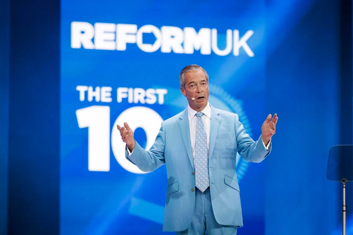 Reform UK leader Nigel Farage delivering his closing speech at the Reform UK Annual Conference, in Birmingham, Britain, on Sept 5.