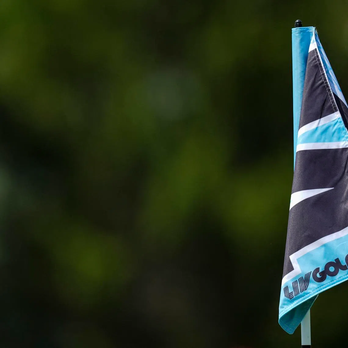 Aug 22, 2025; Detroit, Michigan, USA;  The LIV Golf logo is seen on the 14th green pin flag during the quarterfinals of the LIV Golf Michigan Team Championship at The Cardinal at Saint John's Resort. Mandatory Credit: Aaron Doster-Imagn Images