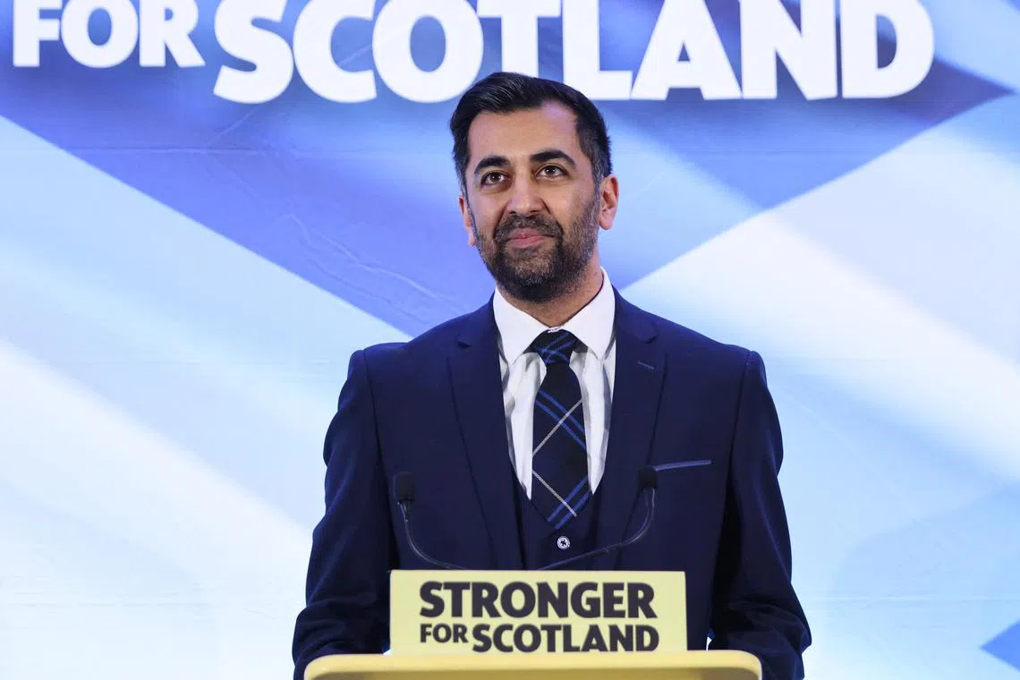 Mr Humza Yousaf speaks after he is announced at Murrayfield Stadium in Edinburgh, Scotland, Britain, on March 27, 2023.