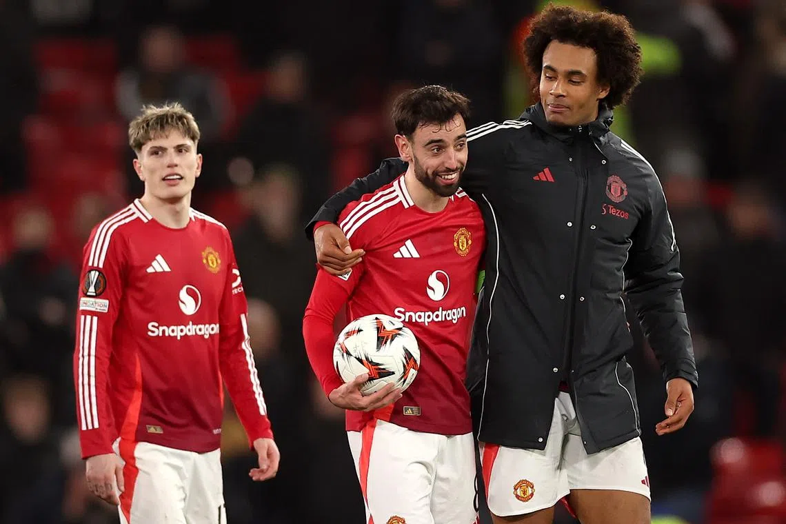 (From left) Manchester United's Alejandro Garnacho, Bruno Fernandes and Joshua Zirkzee after their 4-1 win over Real Sociedad on March 13.