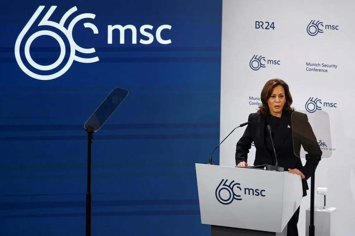 U.S. Vice President Kamala Harris speaks during the Munich Security Conference (MSC) in Munich, Germany February 16, 2024. REUTERS/Kai Pfaffenbach/Pool