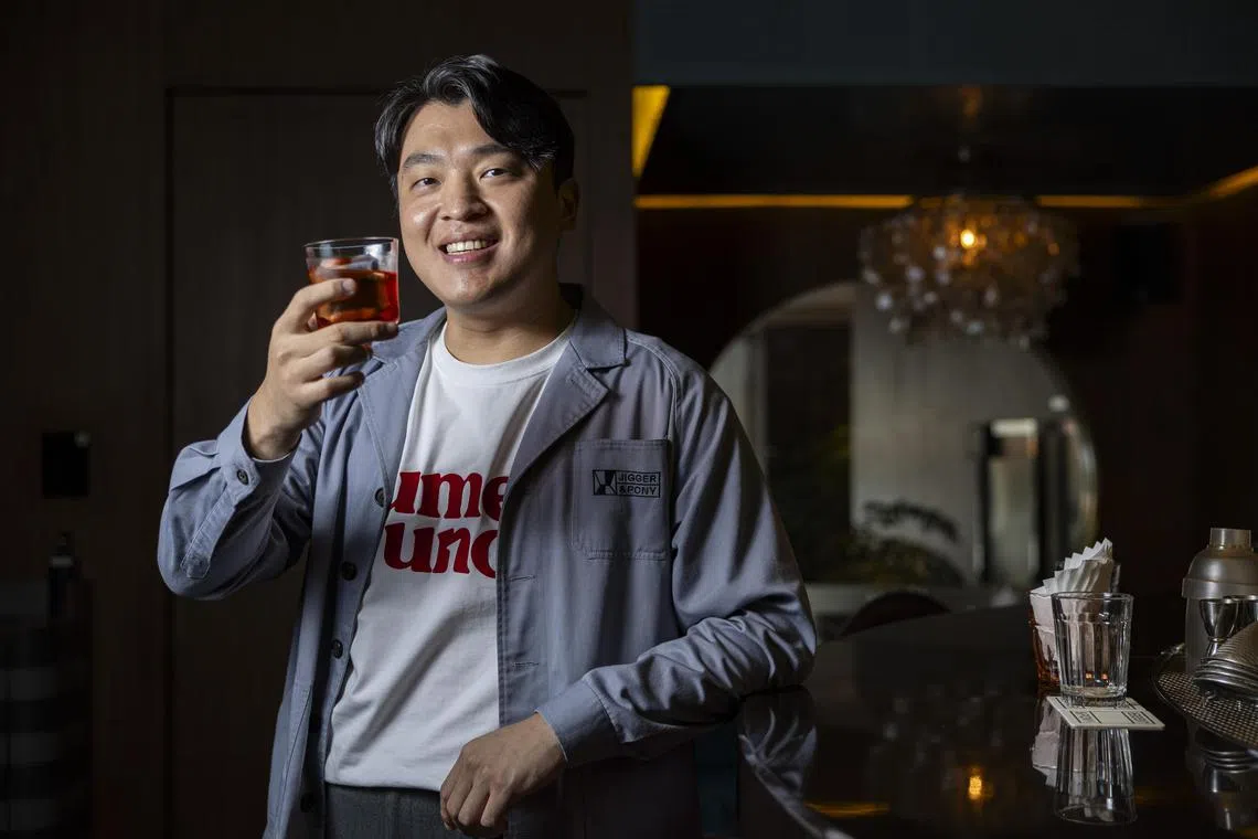 ST20250903_202588200240/yabar10/Brian Teo/Yamini Chinnuswamy/*EMBARGO UNTIL SEPT 10, 8PM*Mr Uno Jang, creative director of the Jigger & Pony group and head bartender at its flagship bar Jigger & Pony, photographed at the bar in Amara Hotel on Sept 3, 2025. ST PHOTO: BRIAN TEO 