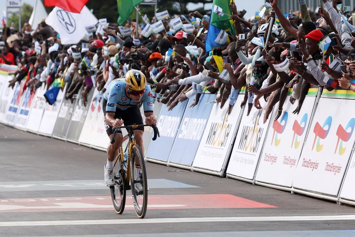 FILE PHOTO: Cycling - Road World Championships 2025 - Kigali, Rwanda - September 28, 2025 Belgium's Remco Evenepoel in action during the Men's Elite Road Race REUTERS/Jean Bizimana/File Photo