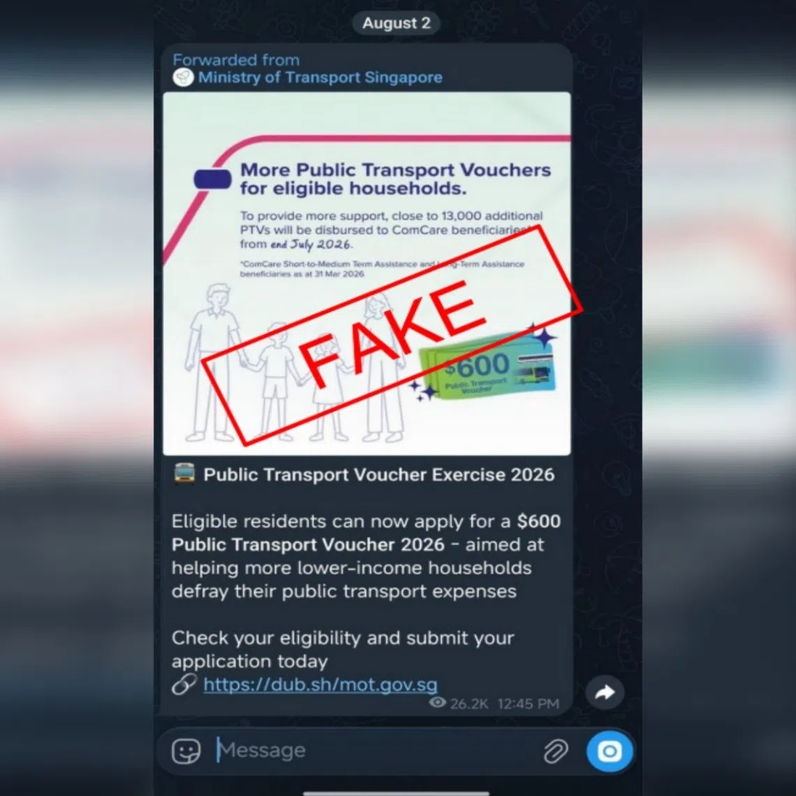 A screenshot of the Telegram message that contains a fake public transport voucher link.