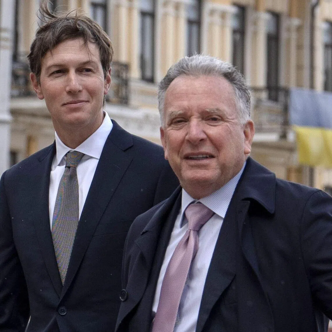 US peace envoys Steve Witkoff (right) and Jared Kushner arrive for meetings in Kyiv, Ukraine, on Aug 6.