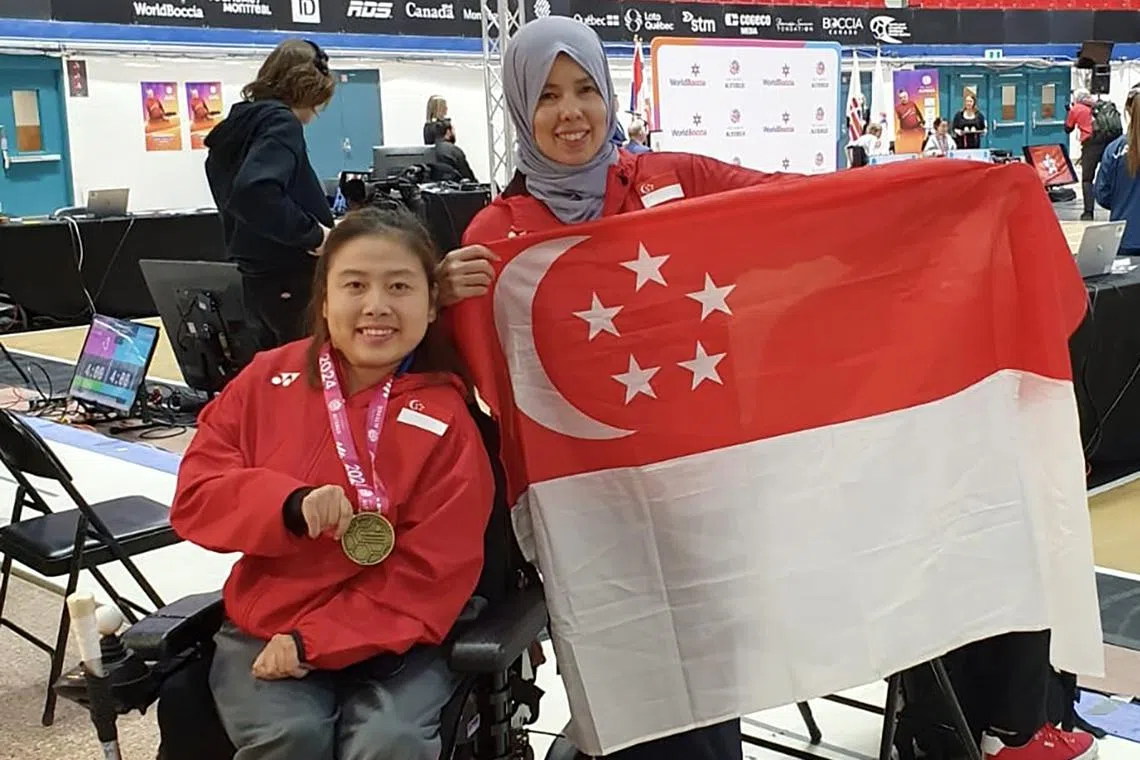 Singapore boccia athlete Jeralyn Tan (left), with her coach Yurnita Omar, retained her title at the 2024 Montreal World Boccia Cup on May 6. 