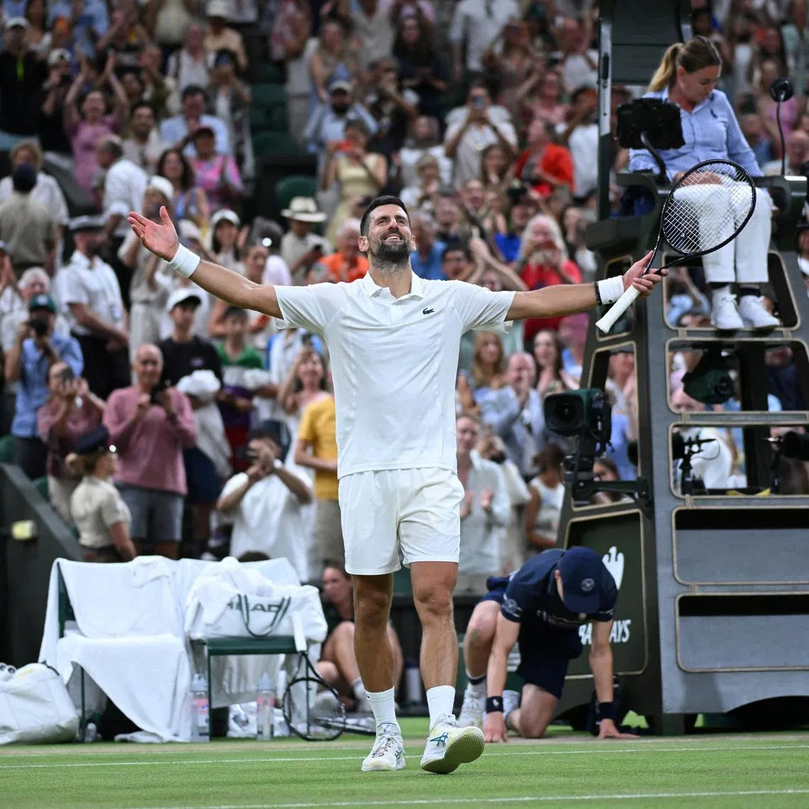 Tennis - Wimbledon - All England Lawn Tennis and Croquet Club, London, Britain - July 7, 2026 Serbia's Novak Djokovic celebrates after winning his quarter final match against Canada's Felix Auger-Aliassime REUTERS/Jaimi Joy