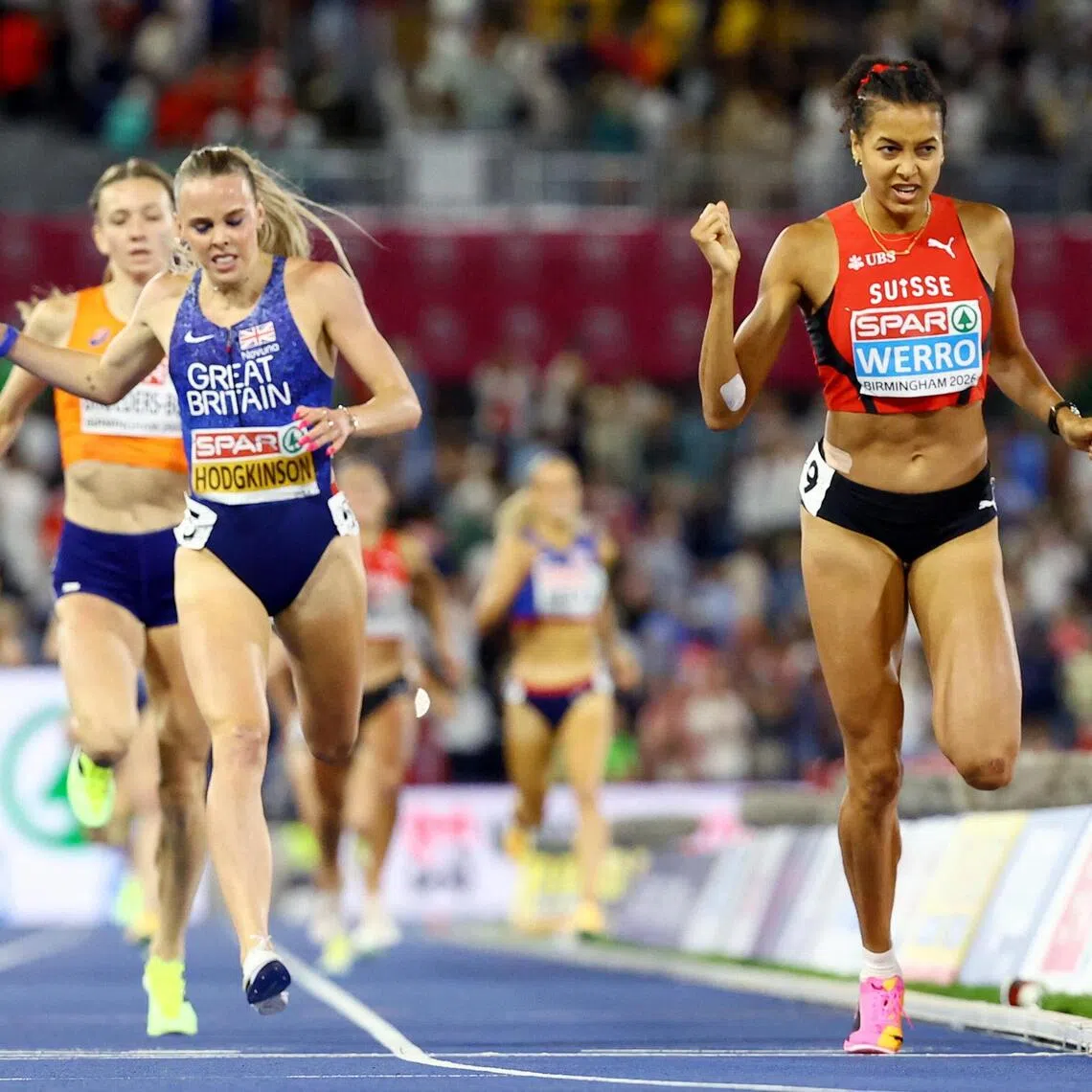 Switzerland’s Audrey Werro crossing the finish line to win the women’s 800m ahead of Britain’s Keely Hodgkinson.