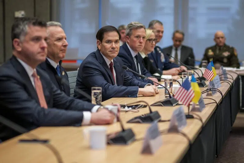 US Secretary of State Marco Rubio (centre), next to US special envoy Steve Witkoff (second from left), faces the Ukrainian delegation during the talks at the US Mission in Geneva, on Nov 23.