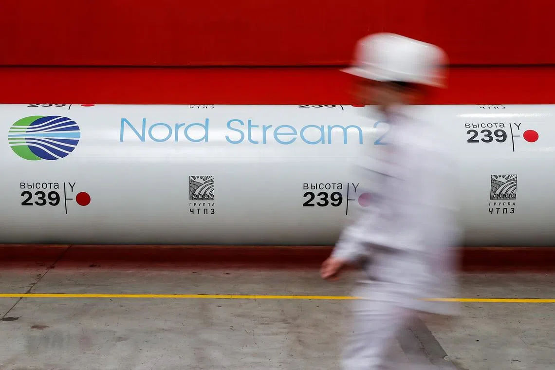FILE PHOTO: The logo of the Nord Stream 2 gas pipeline project is seen on a large diameter pipe at Chelyabinsk Pipe Rolling Plant owned by ChelPipe Group in Chelyabinsk, Russia February 26, 2020. REUTERS/Maxim Shemetov/File Photo