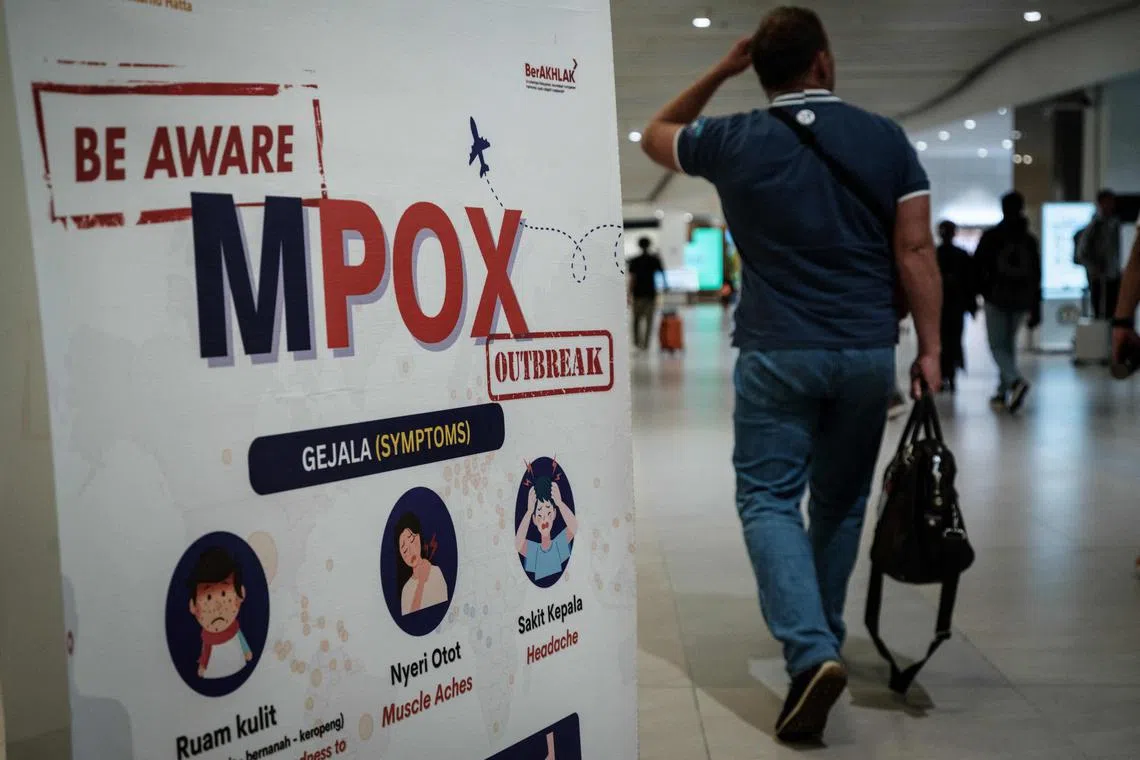 A banner informing about mpox at Soekarno-Hatta International Airport in Tangerang, Java, Indonesia on Aug 26, 2024.