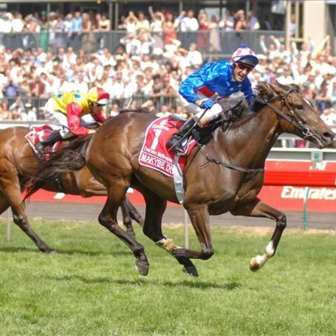 Makybe Diva (Glen Boss) rewriting history with a third win in the Melbourne Cup in 2005.


